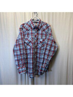 Roper Western Shirt Mens Size Large Blue Red Plaid Pearl Snaps Long Sleeve